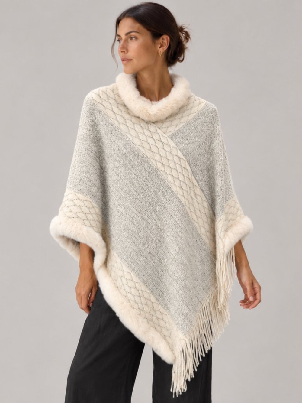 Cream and gray knit faux fur trim poncho